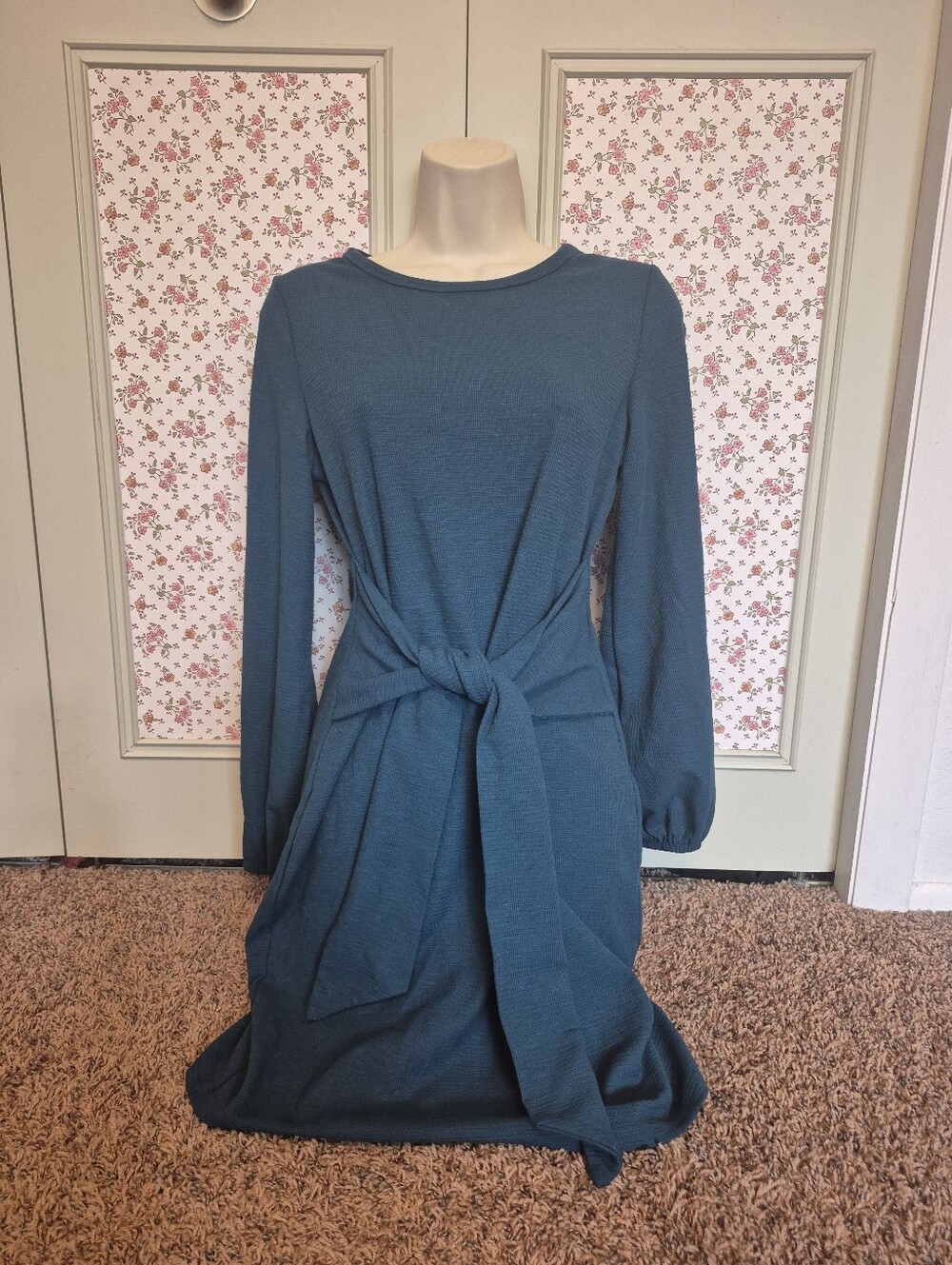 New Fashion Long Sleeve Teal Tie-Front Dress Size S